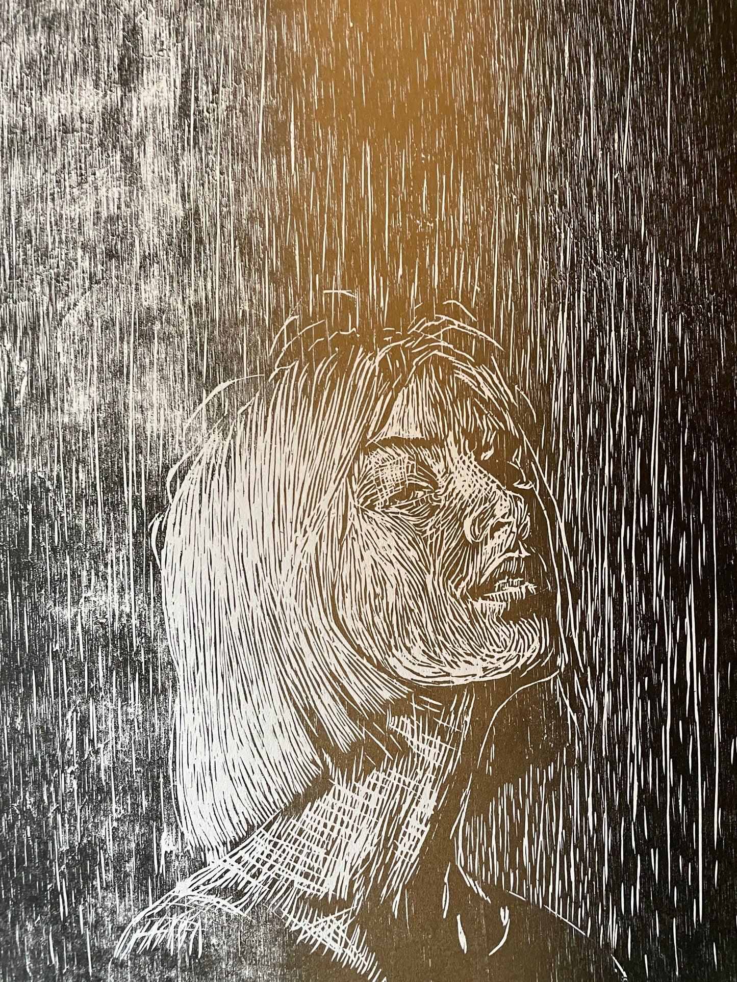 Xilografía "Laura" en negro con dorado - María Bascuñán