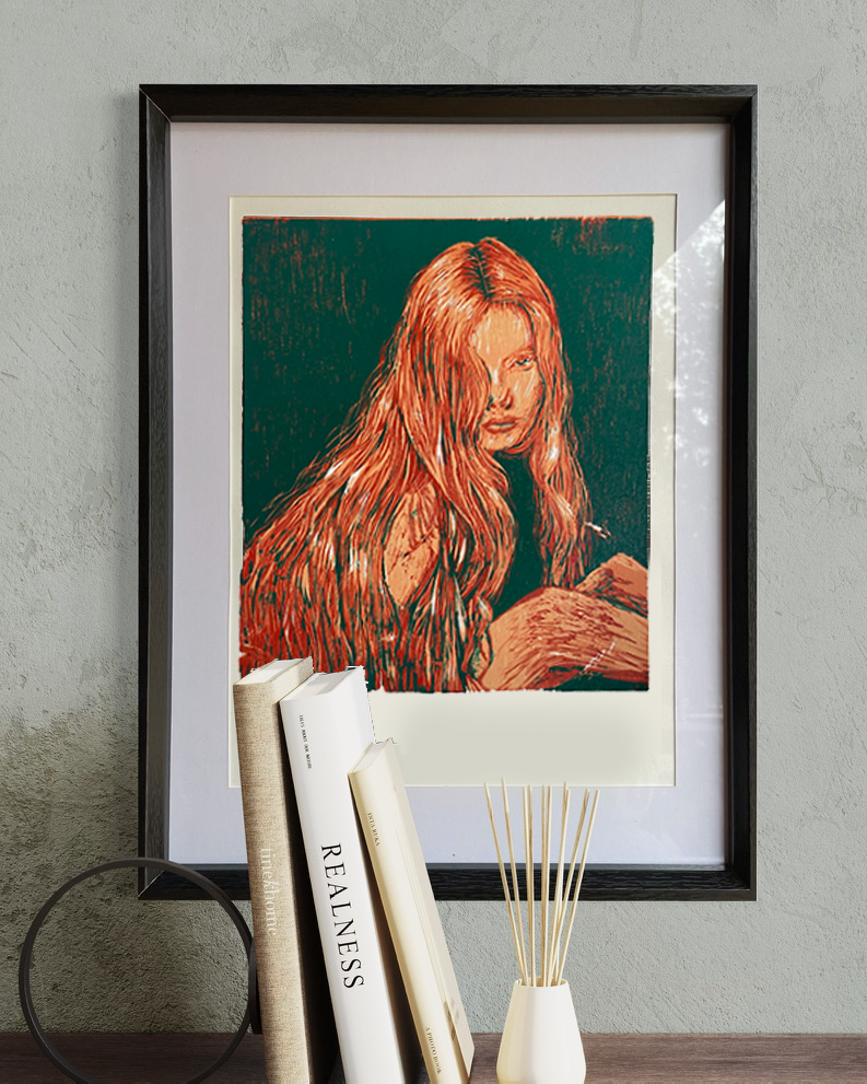 Xilografía "Alyda" en verde petróleo