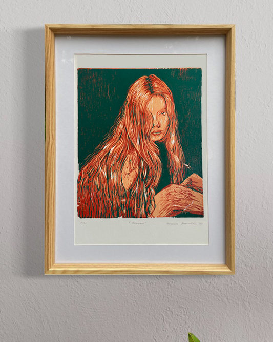 Xilografía "Alyda" en verde petróleo