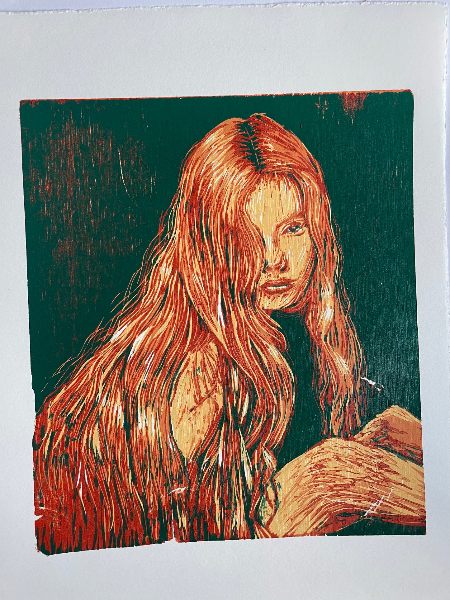 Xilografía "Alyda" en verde petróleo