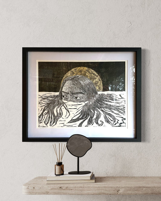 Xilografía "Selene" luna amarilla - María Bascuñán