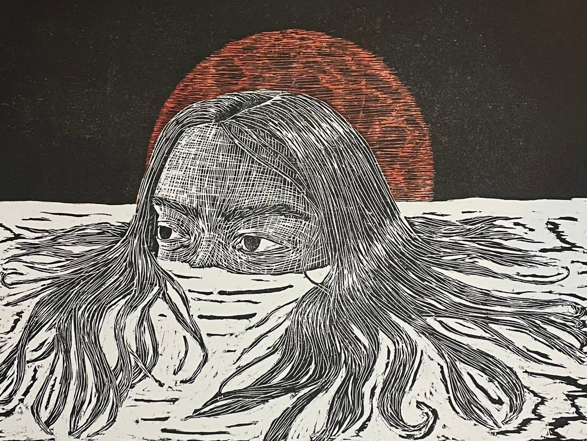 Xilografía "Selene" luna roja - María Bascuñán