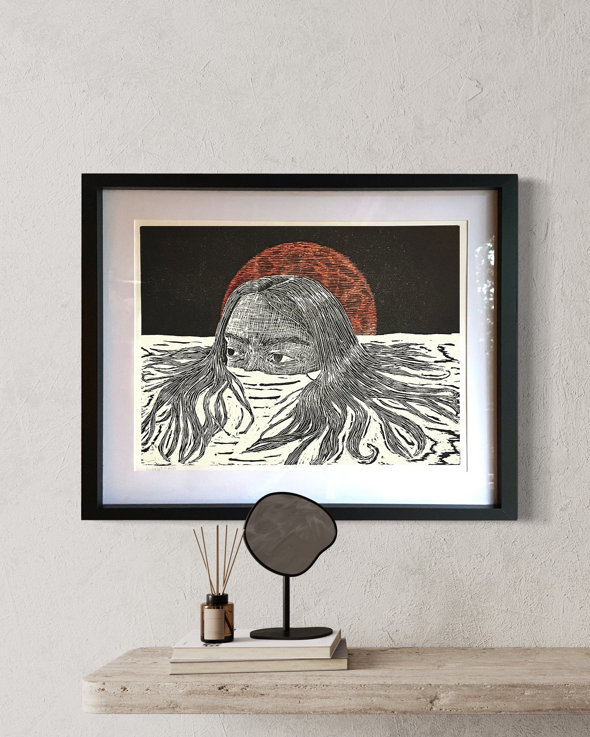 Xilografía "Selene" luna roja - María Bascuñán