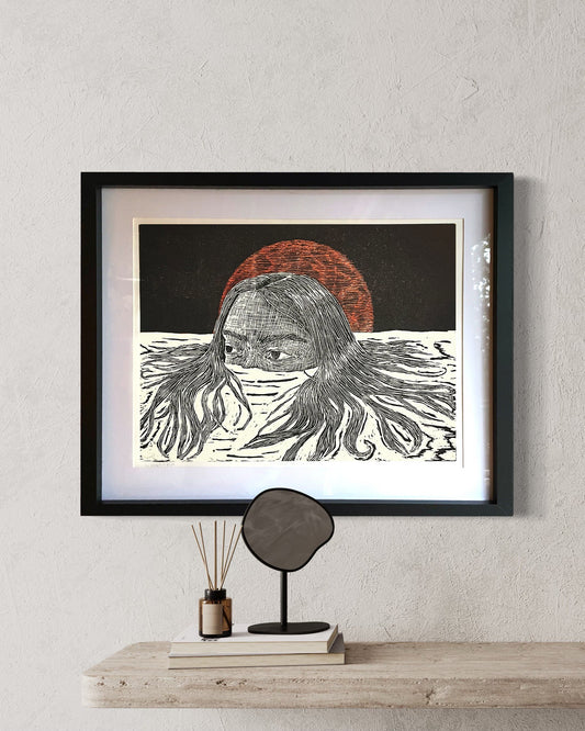 Xilografía "Selene" luna roja - María Bascuñán